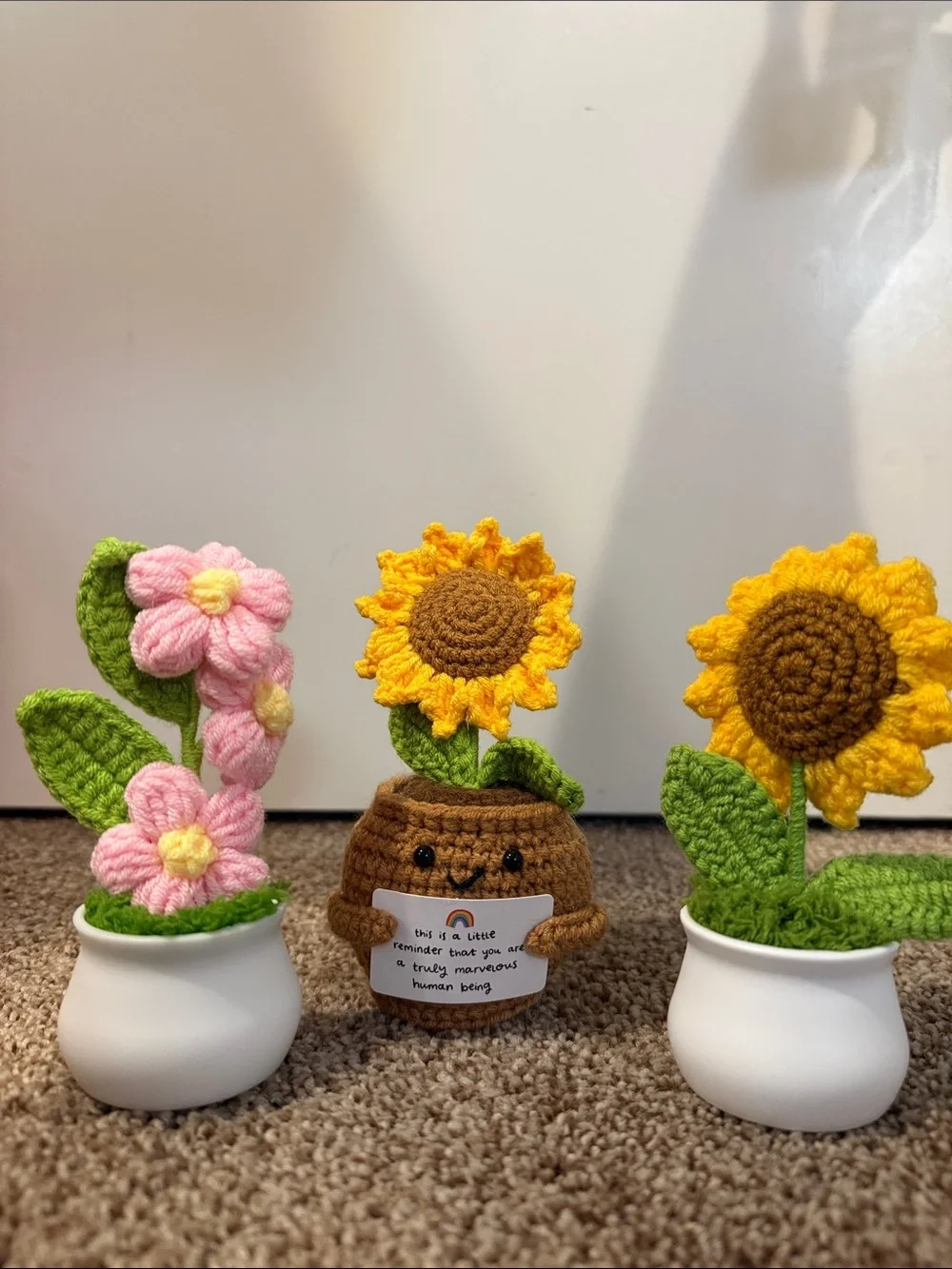 Handmade Yellow Sunflower and Pink Flower Crochet Pot Set